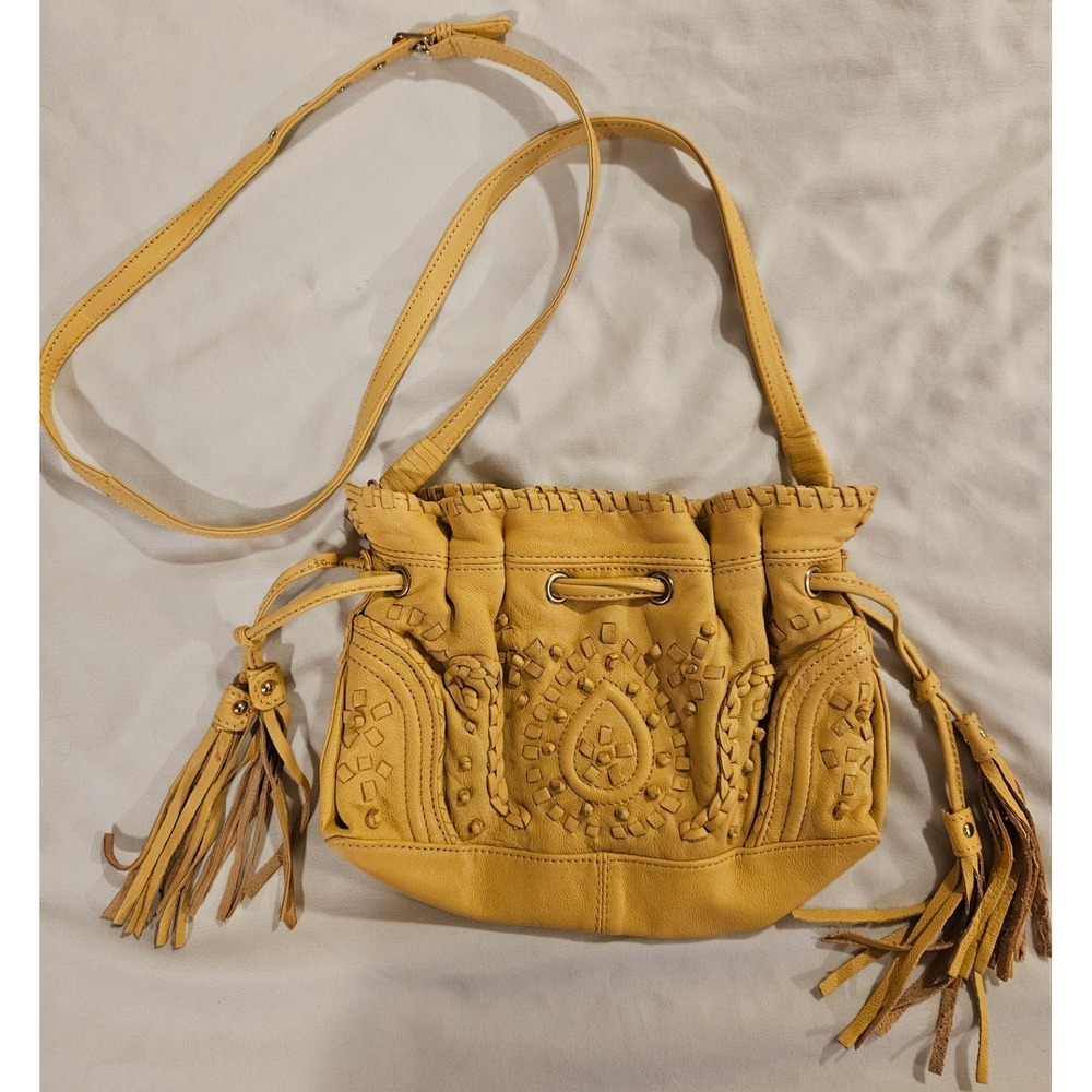 Junior Drake Embroidered Beige Tan Leather Woven Tassel Drawstring Crossbody Bag
